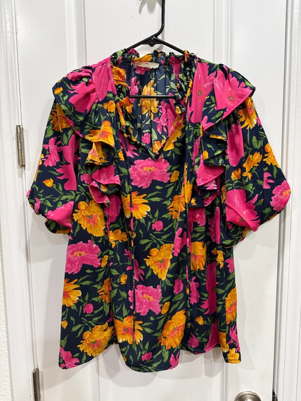 entro Floral Ruffle V-Neck Blouse - Pink & Yellow on Black